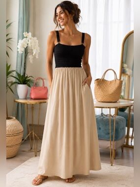 Taylor Black dress Smocked Bodice Cream Maxi Elegant with pockets.